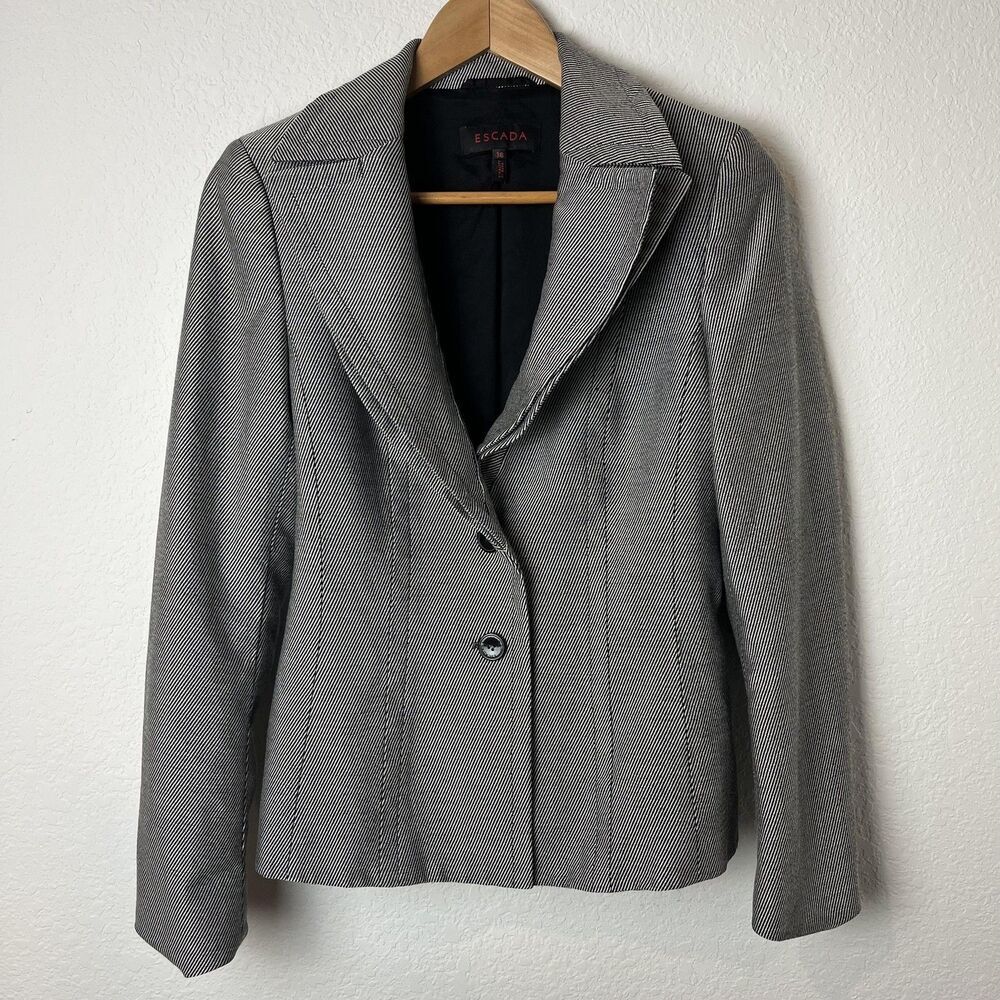 Escada Blazer Womens 36 Gray Black Herringbone Virgin Wool Blend Tailored Fitted